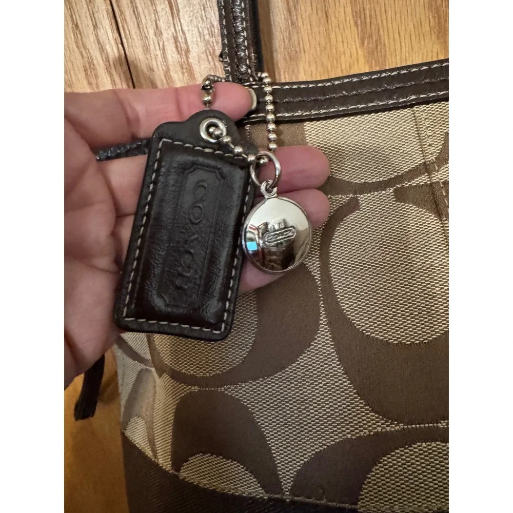 Coach Signature Jacquard Tote‎ Bag Khaki Brown Leather Trim Large Shoulder Bag